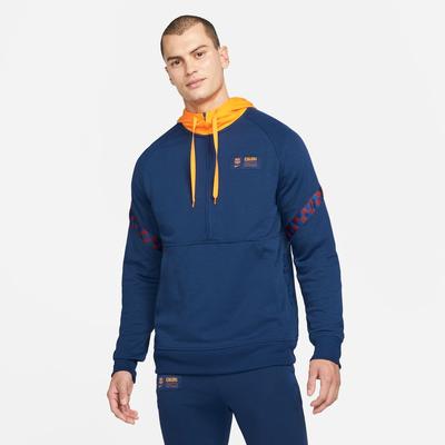 Nike FC Barcelona Men`s Nike Dri-FIT 1/2-Zip Travel Soccer Hoodie Blue Void/Vivid Org