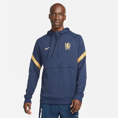 Nike Chelsea FC Men`s 1/2-Zip Fleece Soccer Hoodie Blackened Blue/Gold