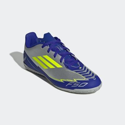 adidas F50 Club Messi Youth Indoor Soccer Shoe Silver/Yellow/Blue